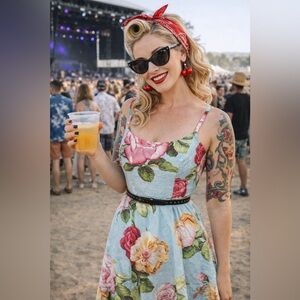 Vintage Moods Floral Fit & Flair Pin Up Style Sundress + Pink and Yellow Roses